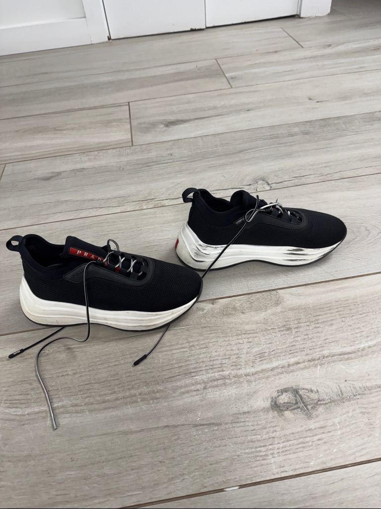 Prada Black Mesh Platform Lace-Up Sneakers With White Sole